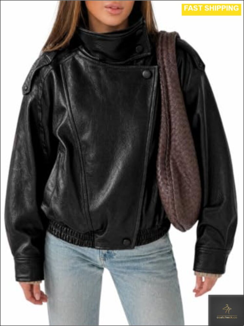 Faux Leather Bomber Jacket Oversized Zip Up Motor Biker Coat